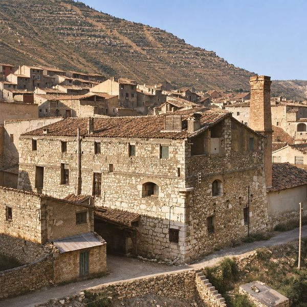 Edificio de mampostería de tres plantas con una alta chimenea cuadrada, un cobertizo a la izquierda, una escalera y un muro delante, y el pueblo y el cerro abancalado detrás.