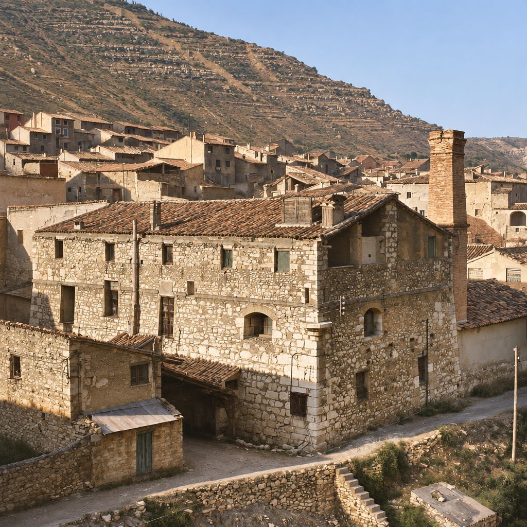 Edificio de mampostería de tres plantas con una alta chimenea cuadrada, un cobertizo a la izquierda, una escalera y un muro delante, y el pueblo y el cerro abancalado detrás.