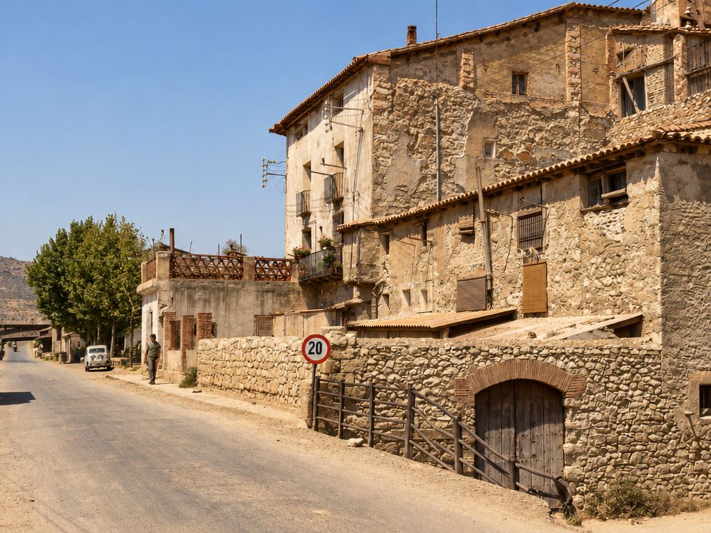 La carretera pasa junto a un muro de piedra con portal de ladrillo y una señal con un 20; detrás, casas desconchadas con galerías y balcones, y un peatón y un coche a lo lejos.