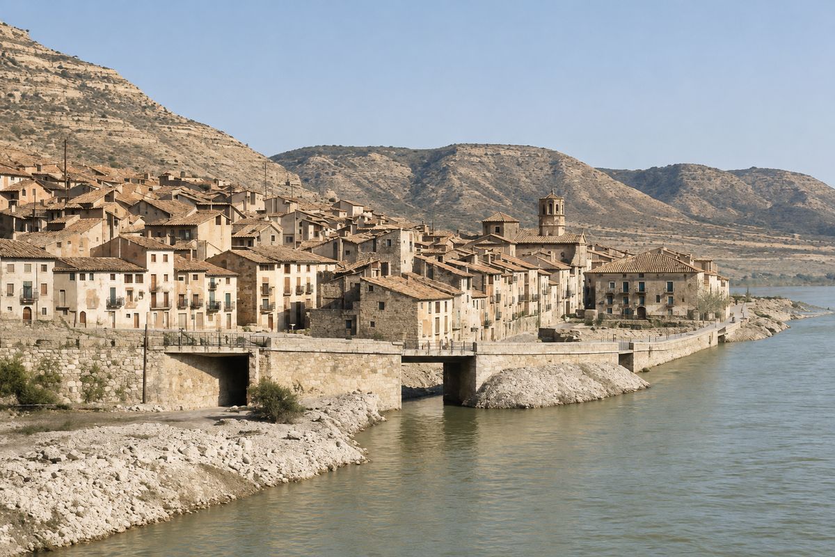 El muro cruza un desagüe por un puentecillo; sobre él hay casas con balcones y una torre alta al fondo, y en primer plano una orilla de grava.