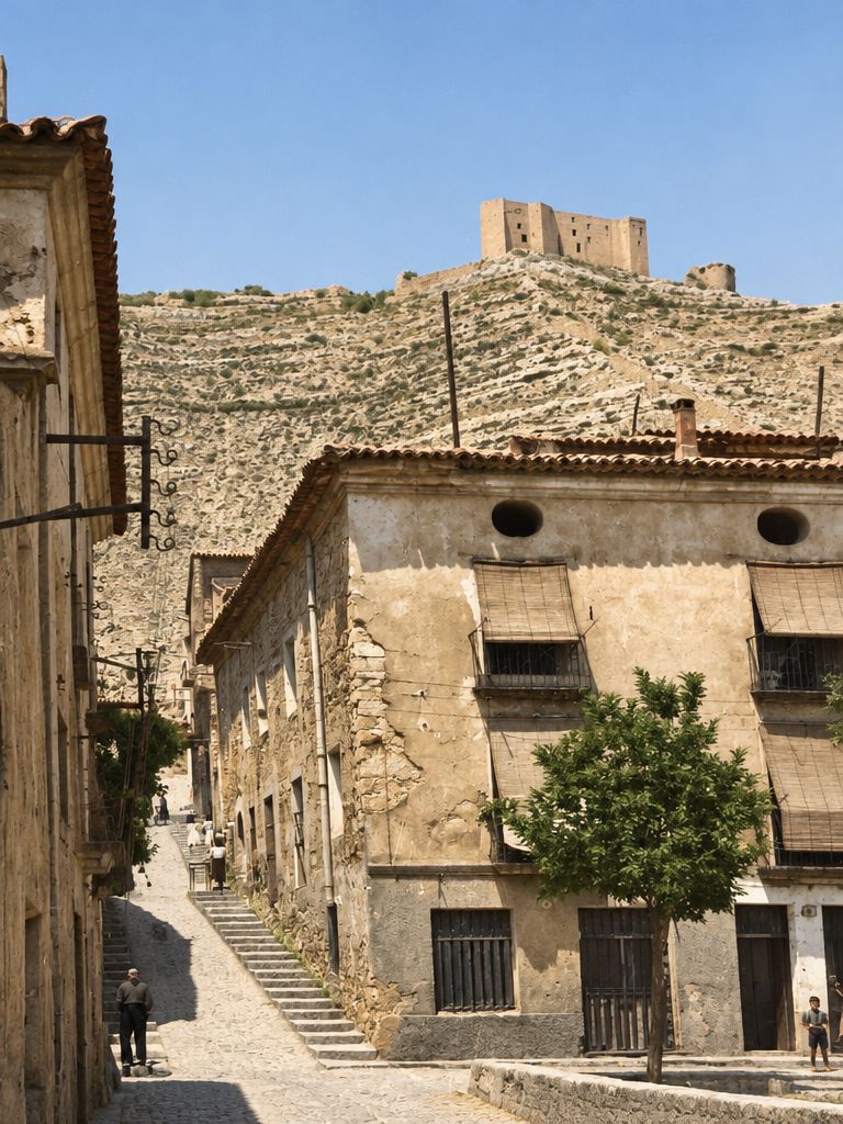 Una larga escalera sube hacia el castillo junto a una casa de tres plantas con óculos ovalados bajo el alero y un árbol delante; unas figuras pequeñas en la calle.