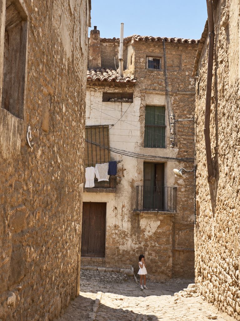 Callejón entre dos muros de mampostería que desemboca en una casa de teja árabe con ropa tendida y una farola; al fondo, una niña.