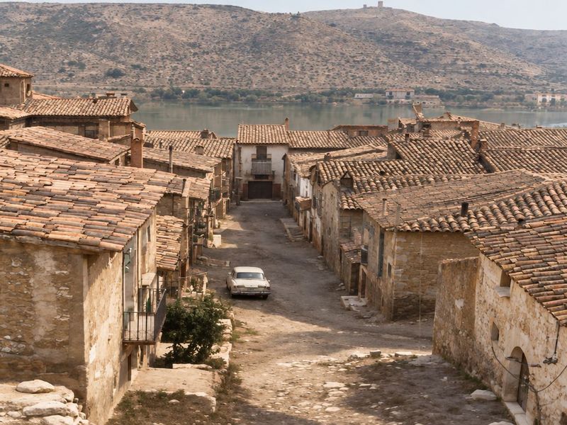 Calle de tierra en pendiente entre tejados de teja árabe, con un coche en la calzada y, al fondo, la vega, el río y los montes.