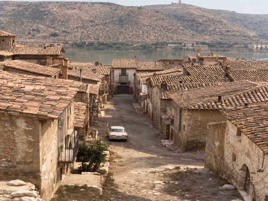 Calle de tierra en pendiente entre tejados de teja árabe, con un coche en la calzada y, al fondo, la vega, el río y los montes.