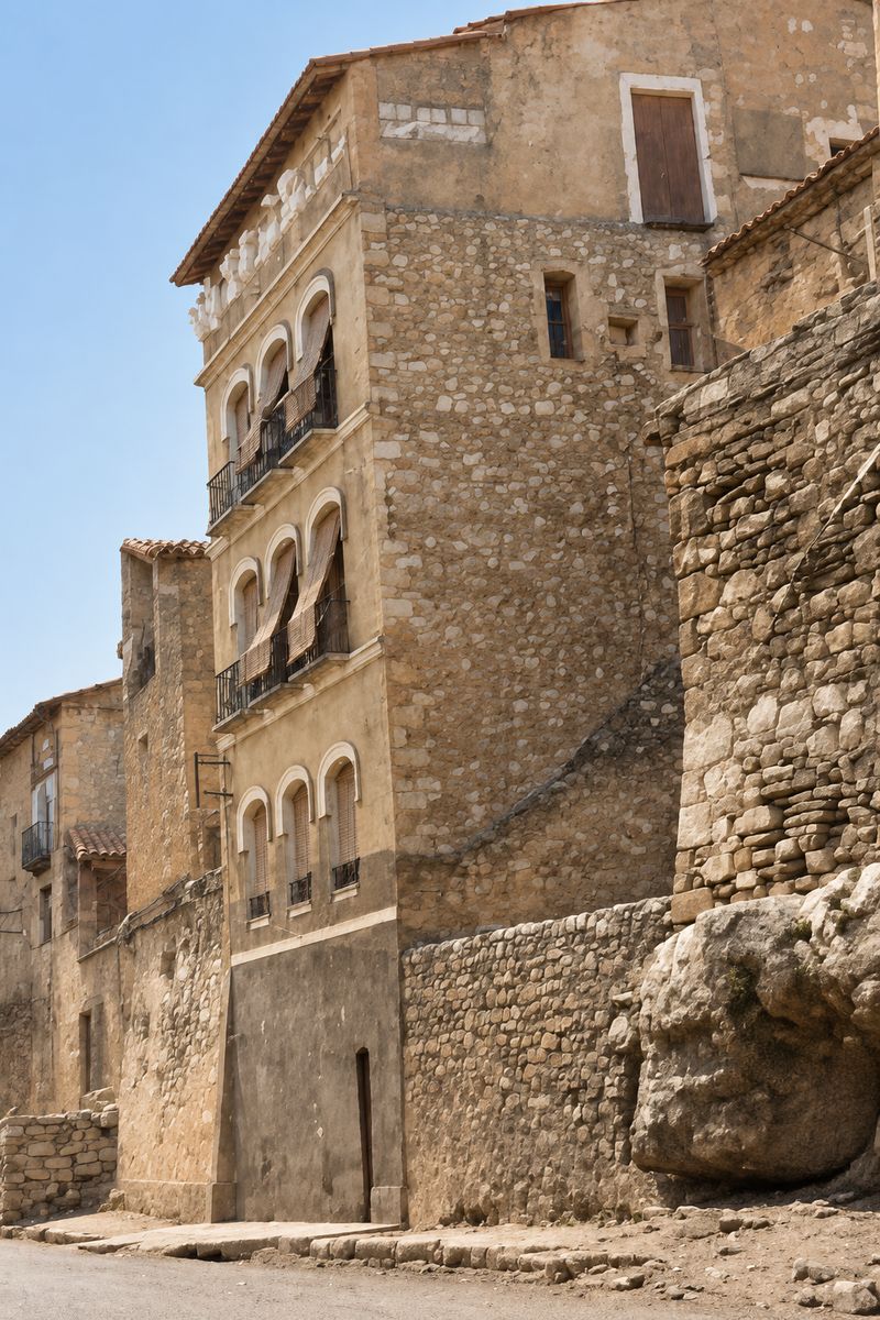 Torre de cuatro pisos con ventanas y balcones en arco, adosada a un muro de mampostería y a una roca grande, con fachada a la carretera.