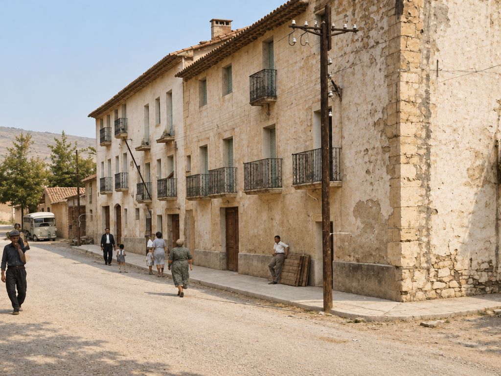 Hilera de casas con balcones de forja y una esquina encalada con un poste de la luz; unos vecinos pasean por la acera y la calle.