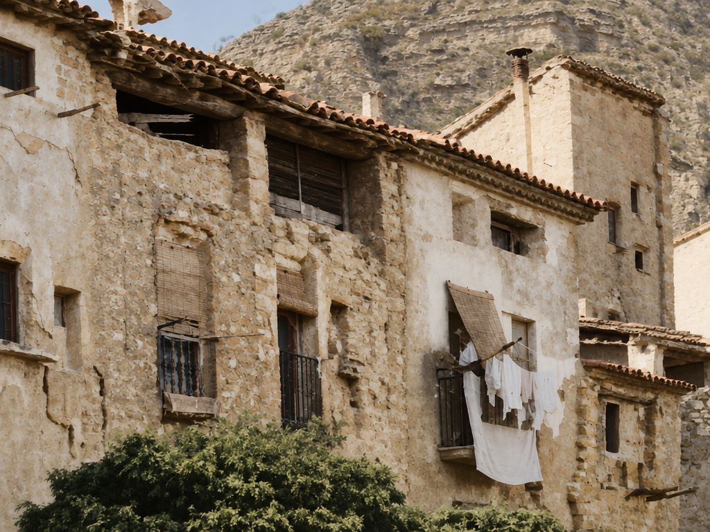 Fachadas de mampostería gastadas con galerías abiertas bajo el alero, rejas, ropa tendida y una chimenea, ante una peña, con un arbusto grande en primer plano.