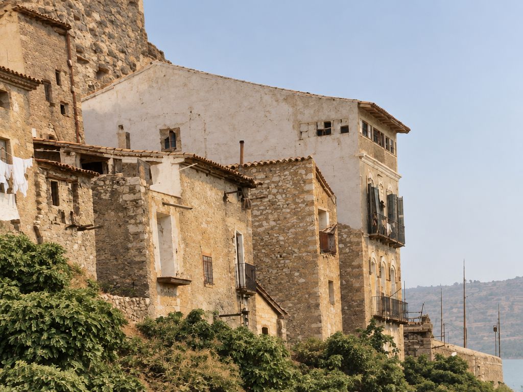 Hilera de casas de piedra al pie del farallón, con un edificio alto encalado y vegetación en la base, vistas desde la carretera.
