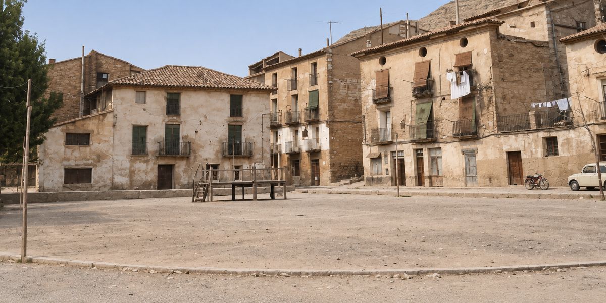 Una plaza de tierra vacía con una tarima de madera al fondo y casas de dos a cuatro plantas alrededor; una moto y un coche a la derecha.