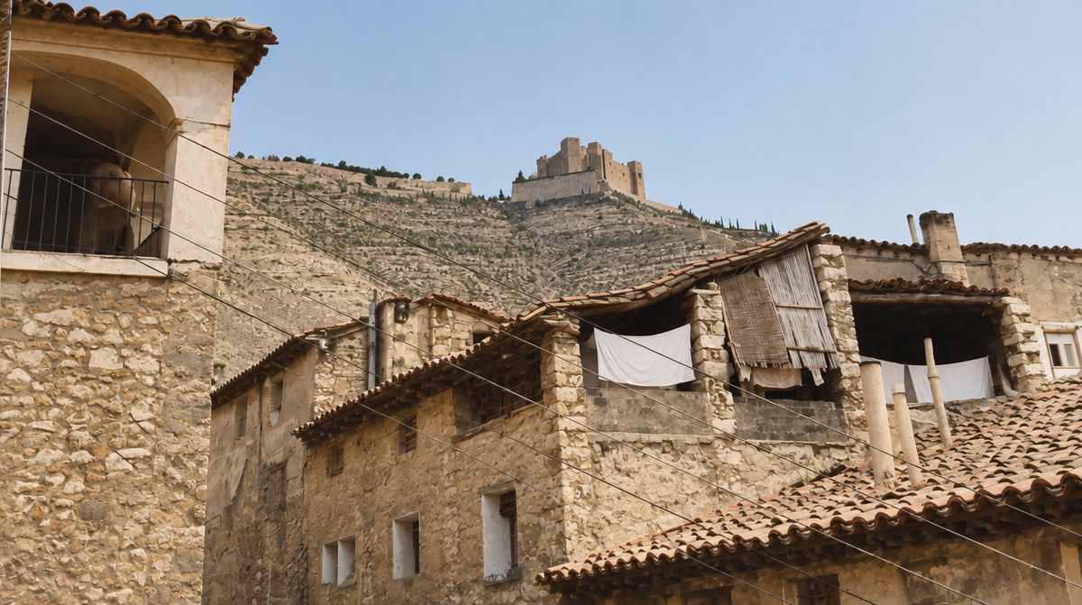 A la izquierda, la casa de Fustigueres con una galería de arco; a la derecha, buhardillas abiertas con ropa tendida, y sobre la ladera abancalada, el castillo.