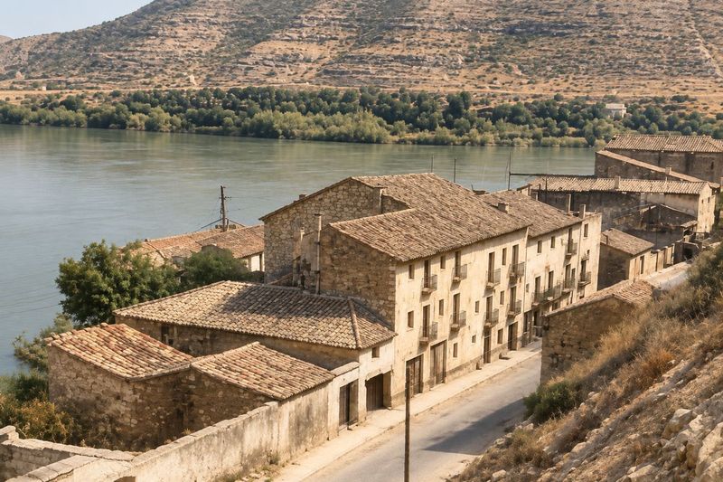 Vista alta de un edificio de piedra y de un bloque blanco con muchas puertas y ventanas junto a la ribera, con el río y la sierra detrás.