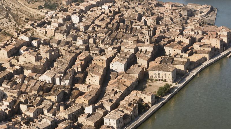 Manzanas densas de casas y calles estrechas con el campanario, la ribera recta del río y el cuartel con su explanada, vistos desde el aire en oblicuo.