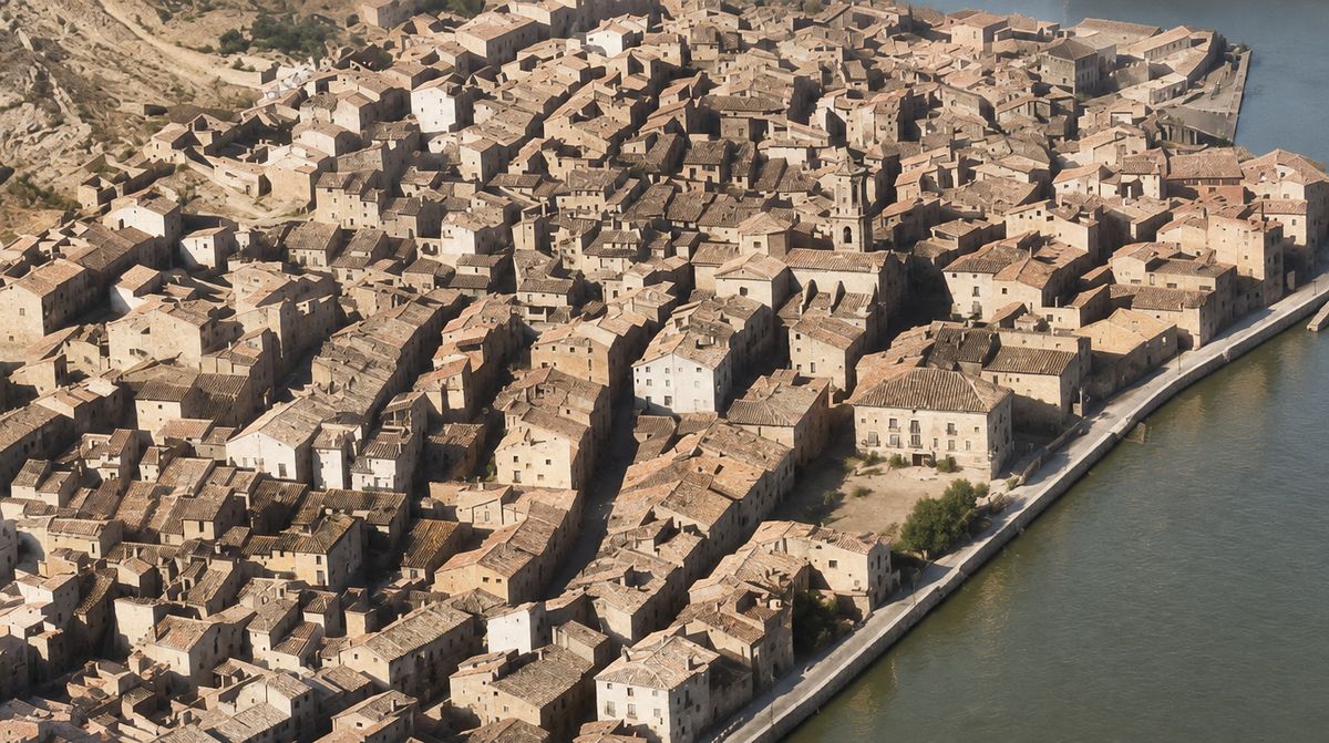 Manzanas densas de casas y calles estrechas con el campanario, la ribera recta del río y el cuartel con su explanada, vistos desde el aire en oblicuo.
