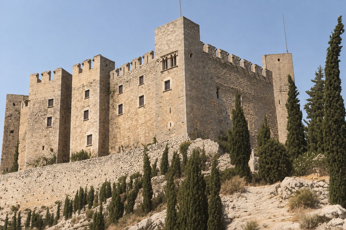 Torres almenadas con ventanas y un ventanal geminado en la torre central, sobre un muro de contención, con cipreses en primer plano y mástiles sobre las torres.