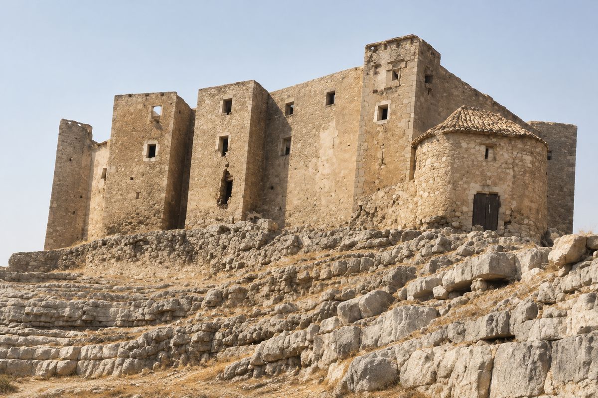 Las torres con huecos del castillo sin restaurar, y a la derecha un torreón circular de tejado cónico y puerta de madera, sobre un terreno de roca escalonada.