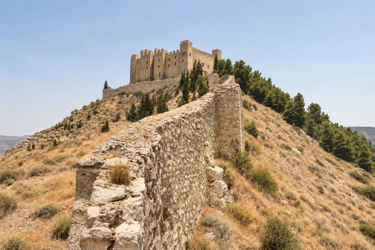 Un largo lienzo de muralla de piedra sube por la cresta hacia el castillo almenado, con pinos y cipreses en lo alto y matorral seco en las laderas.