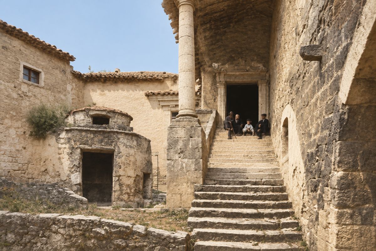 Una escalinata de piedra sube a un pórtico junto a un pilar de sillería; a la izquierda, la caseta redondeada del pozo, y arriba cuatro personas sentadas.