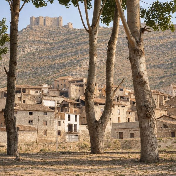 Troncos de chopos en primer plano; detrás, casas con balcones y galerías, el muro de piedra y, arriba, el castillo con sus torres.