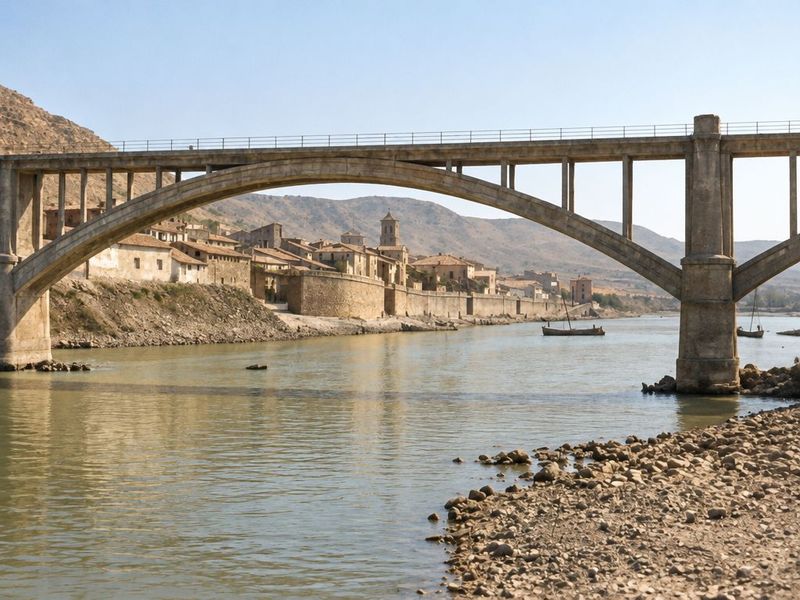 El arco de hormigón del puente enmarca el muro, las casas y el campanario del pueblo; en el río, dos llauts, y delante una orilla de cantos.