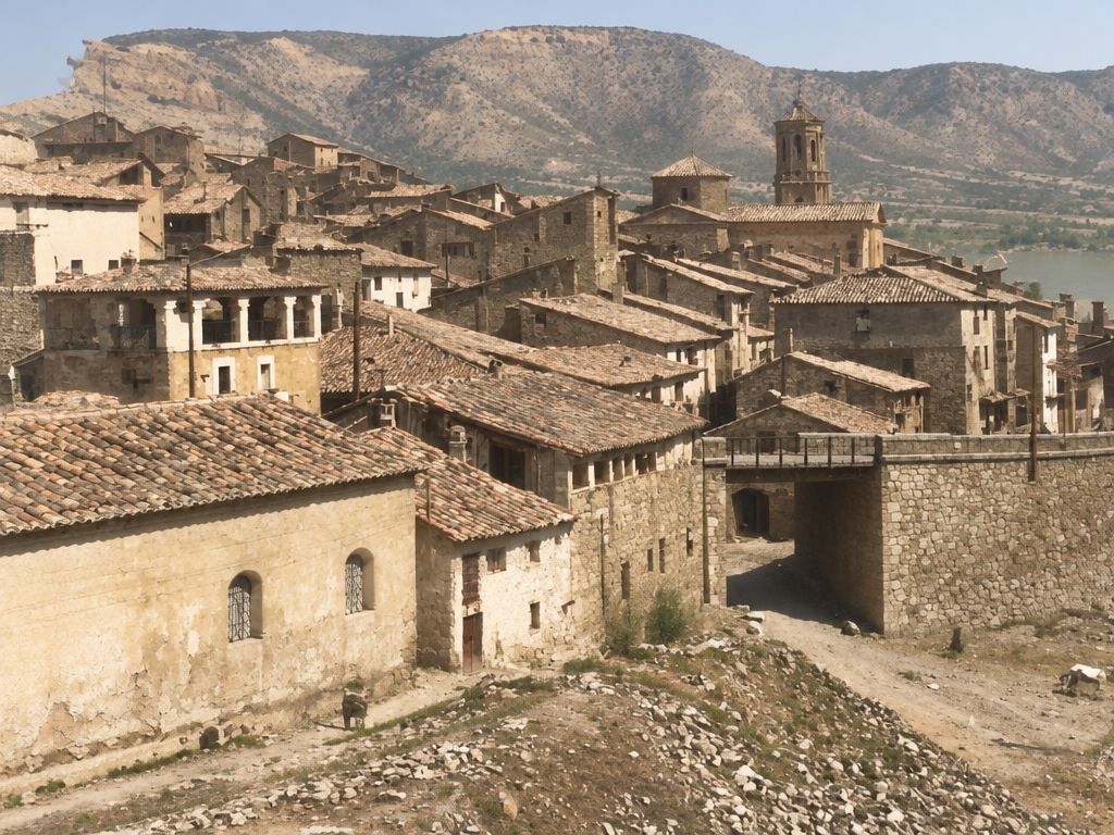 Caserío escalonado con galerías y el campanario, una nave con ventanas de arco y un muro de carretera con paso cubierto; al fondo, montes y laderas.