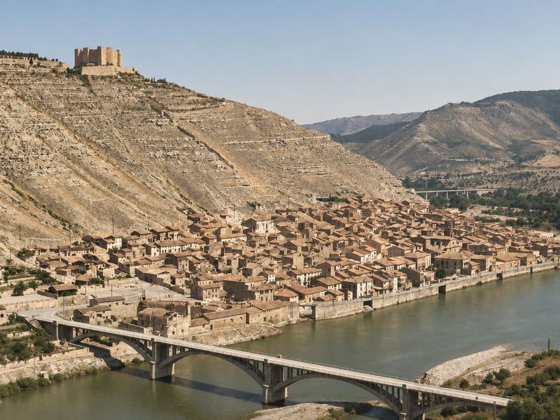 Vista alta del caserío denso bajo el castillo, con el muro de ribera a lo largo del río y un puente de arcos en primer plano.